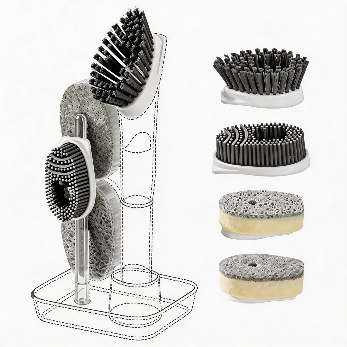 Soap Dispensing Scrub Brush - 4-in-1 Kitchen Cleaning Brush with Built-in Tank, Scraper Heads for Stubborn Grime on Pots Pans, Stand/Hang Storage-Blue