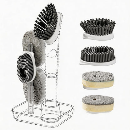 Soap Dispensing Scrub Brush - 4-in-1 Kitchen Cleaning Brush with Built-in Tank, Scraper Heads for Stubborn Grime on Pots Pans, Stand/Hang Storage-Blue