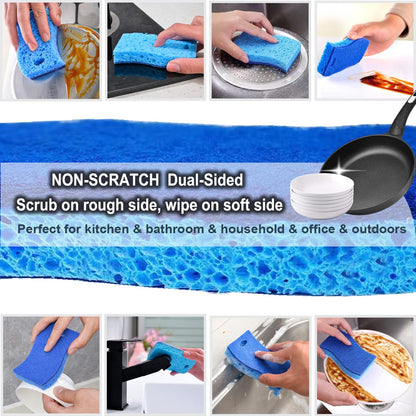METUUTER 12-Count Scrub Sponges Kitchen Sponge Heavy Duty, Cellulose Sponges with Scouring Pads Dual-Sided for Kitchen and Household Use (Square-Blue)