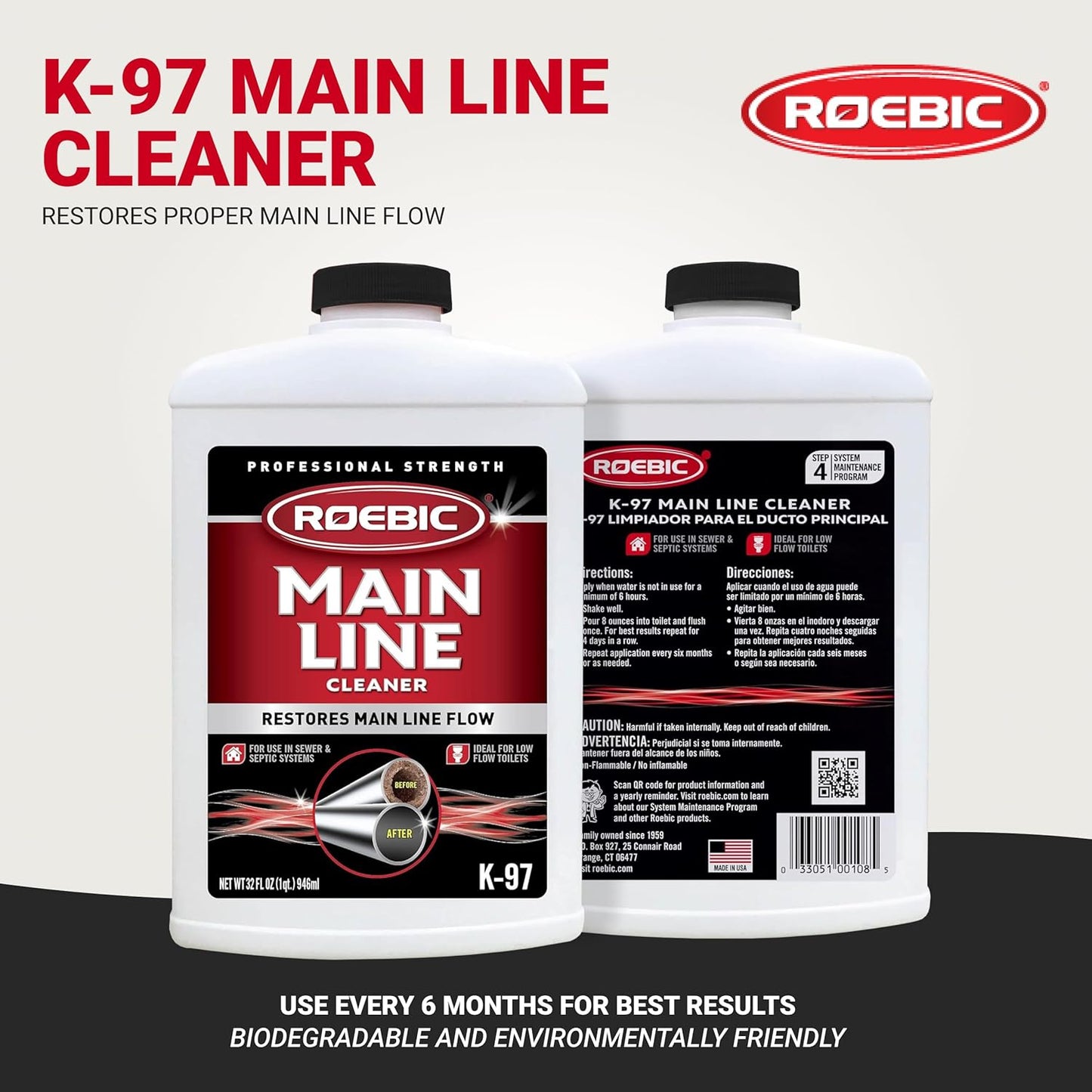 Roebic K-97 Liquid Main Line Cleaner with Bacteria Enzymes, Eliminates Organic Buildup in Sewer/Septic System and Protects from Clogs, Safe for Bathroom Toilet, 64 fl oz