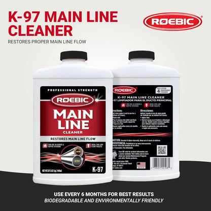 Roebic K-97 Liquid Main Line Cleaner with Bacteria Enzymes, Eliminates Organic Buildup in Sewer/Septic System and Protects from Clogs, Safe for Bathroom Toilet, 64 fl oz