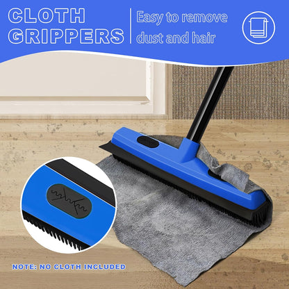 Rubber Broom Carpet Brush with Squeegee, Pet Hair Remover with 52.8 inches Long Handle, Detailing Lint Fur Removal Tool, Silicone Rug Rake for Cleaning Hardwood Floor, Tile, Window (Blue)