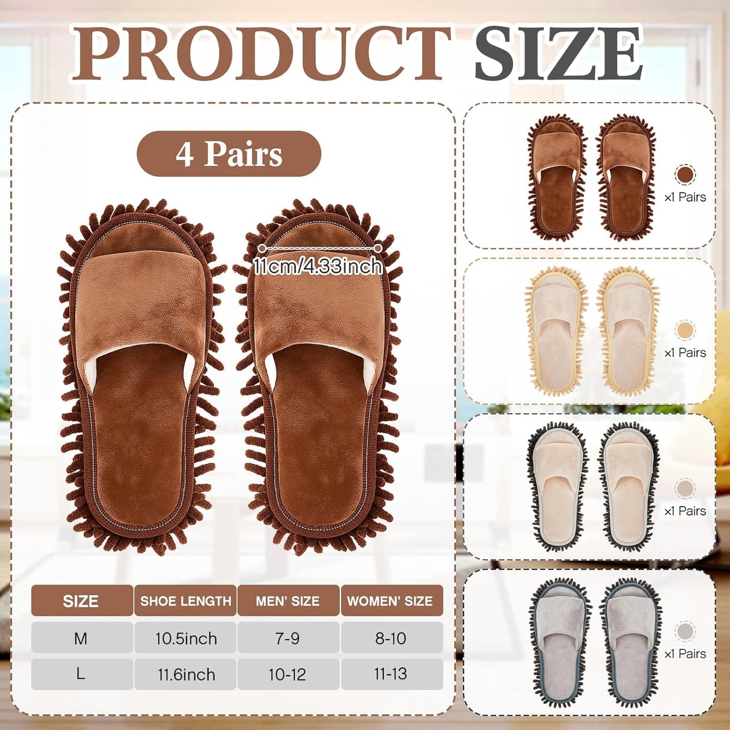 Jecery 4 Pair Washable Microfiber Mop Slippers Detachable Dusting Shoes for Floor Cleaning, Office & Home Use Suitable for Women & Men(Blue, Brown, Beige, White,L Size)