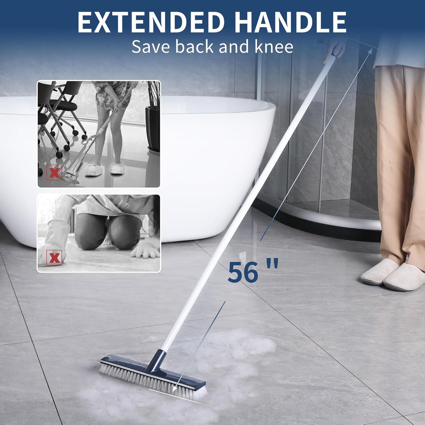 BOOMJOY Grout Brush with Long Handle, 57" Grout Cleaner for Tile Floors, Double-Sided with V-Shape Stiff Bristles for Bathroom, Patio, Kitchen, Wall, Corners and Deck