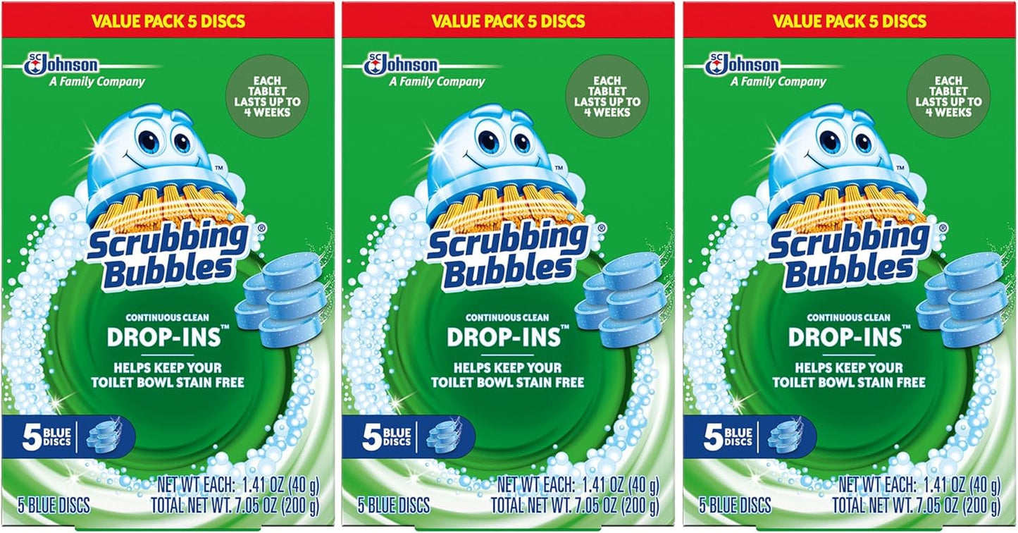 Scrubbing Bubbles Continuous Clean Toilet Drop-Ins, Automatic Blue Toilet Bowl Cleaner, Septic-Safe Tank Tablets Remove Hard Water Minerals & Limescale, Stain & Smell Protection, 5 Count (Pack of 1)
