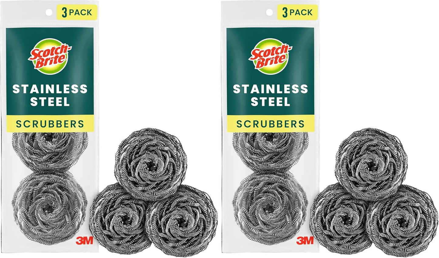 Scotch-Brite Stainless Steel Scrubbers, Scouring Pads for Cleaning Tough Baked-On Messes, Metal Scrubbers for Cleaning Dishes, 3 Scrub Pads