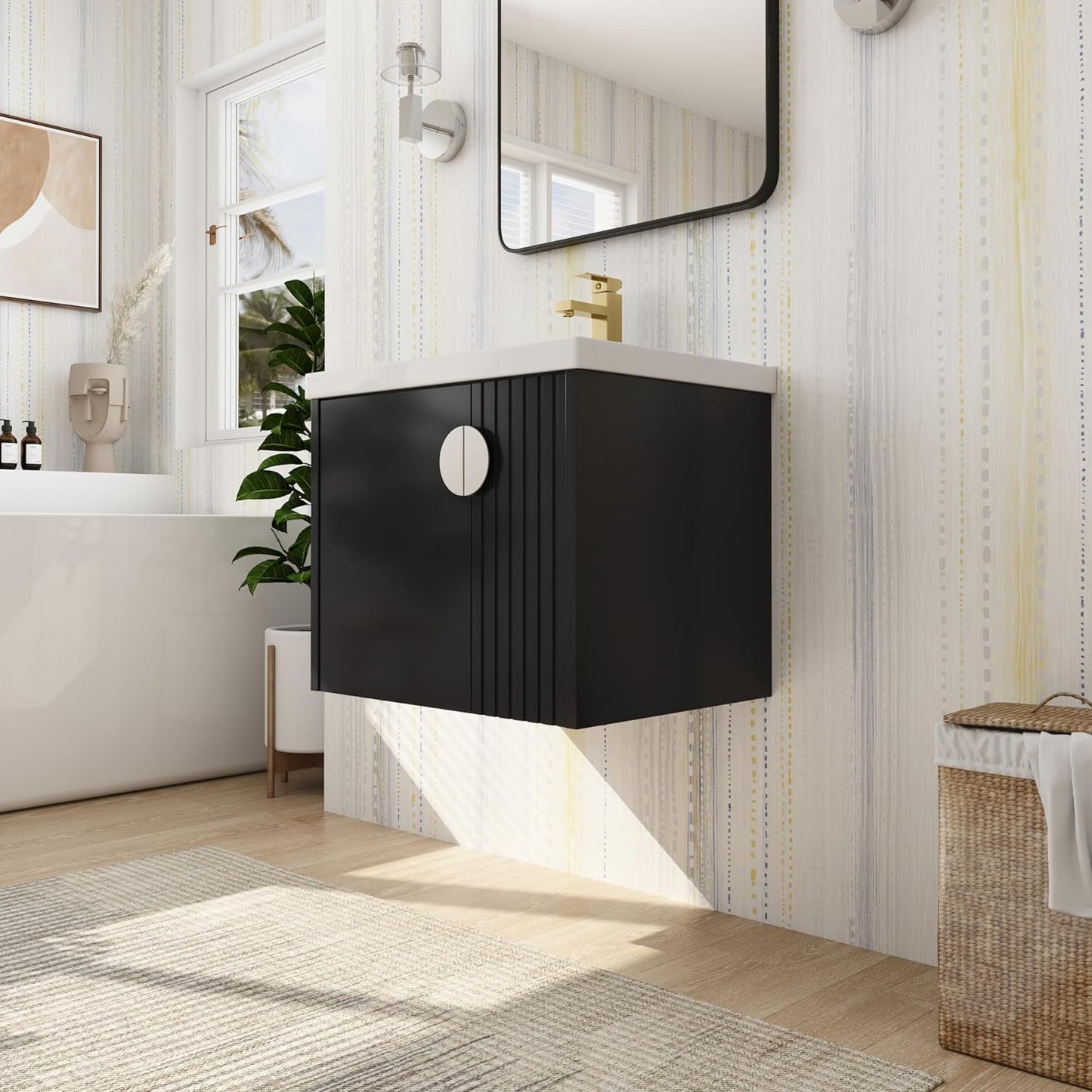SSLine Modern 24-Inch Bathroom Vanity with Sink Wall Mounted Bathroom Vanity with Top Basin & Storage Cabinet White Wood Floating Vanity w/Ceramic Sink & Gold/Black Handles for Small Space