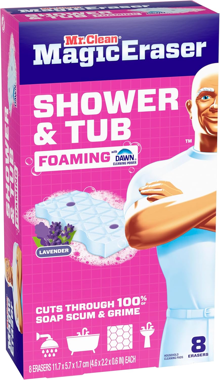 Mr. Clean Magic Eraser Sponge, Bathroom Cleaner, Shower Cleaner, Tub Cleaner, Soap Scum Remover, Bathroom Cleaning Supplies, Dawn Cleaning Power with Febreze Lavender Scent, 5ct