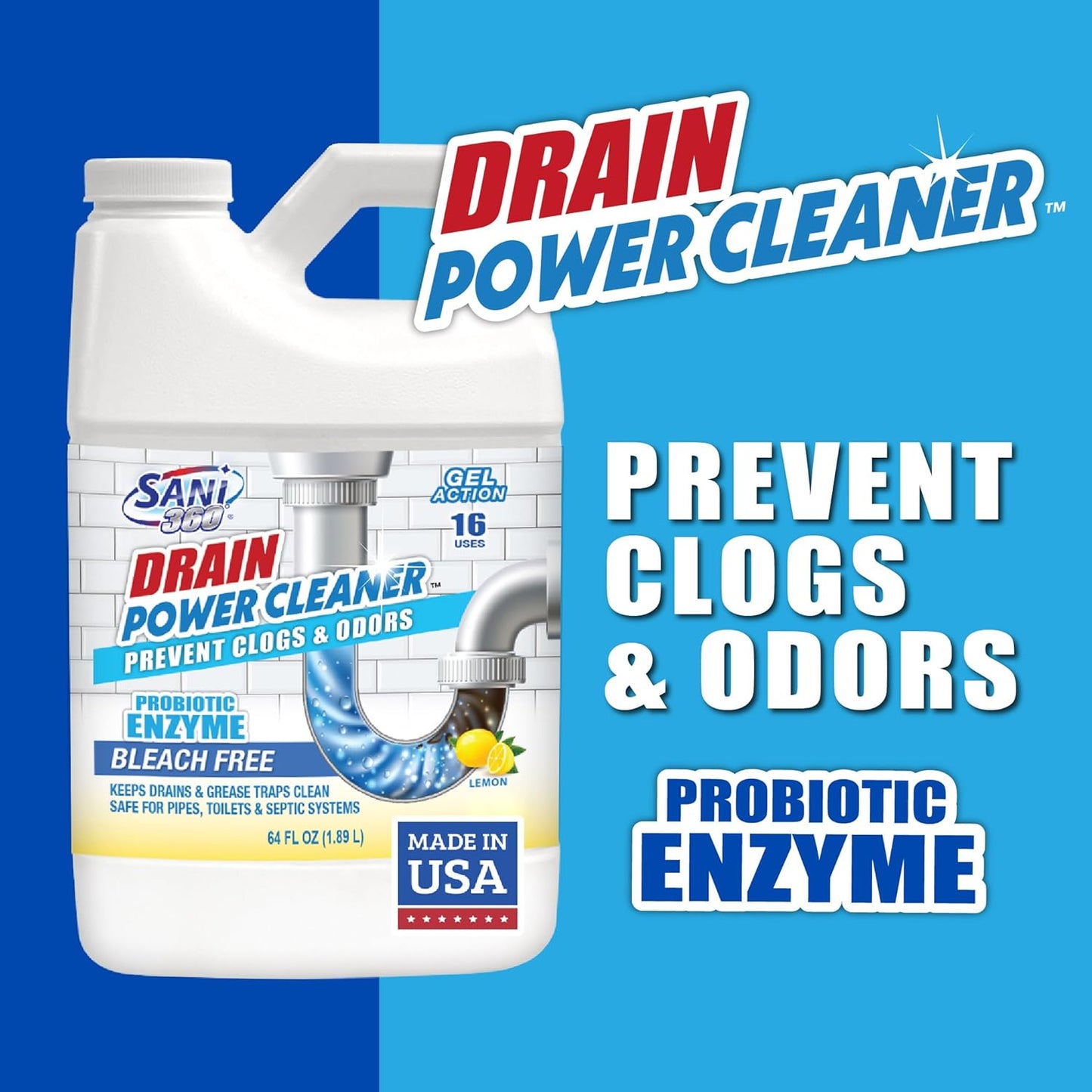 Sani 360 Drain Power Cleaner, Enzyme Probiotic Odor remover, Drain and Garbage Disposal Cleaner, Flush Away Grease, Soap Scum, Lemon scent Septic safe. Save Money on Plumbing, 16 uses, Made in the USA