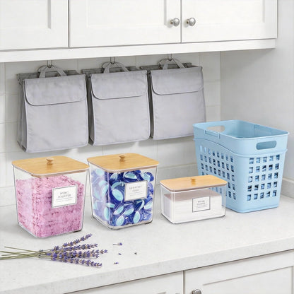 FUSHITON Laundry Pods Storage Container, 4+1 Set Clear Containers with Bamboo Lids for Detergent Pods, Scent Beads & Dryer Sheets, Includes 16 Labels and 3 Measuring Scoops