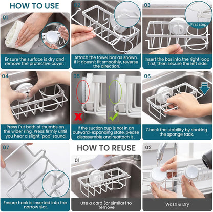 TAILI 4-in-1 Sink Caddy with Strong Suction Cup, Sponge Holder for Kitchen Sink Organizer, Removable, Rustproof, Stainless Steel Holder for Sponge, Brush, Scrubber, Scraper - Silver