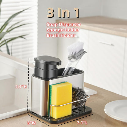LIBODOUR Soap Dispenser for Kitchen & Bathroom Sink,3-in-1 Sponge Holder for Kitchen, Organizer Dish Soap Dispenser,Sink Caddy,Stainless Steel Dish Brush Scrubber with Sponge Holder