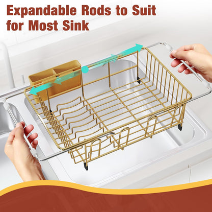 JASIWAY Dish Drying Rack in Sink, Expandable Stainless Steel Dish Drainers for Kitchen Counter, Dish Dryer Rack for Inside Sink, Over The Sink Dish Racks with Utensil Holder, Silver
