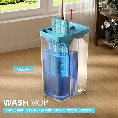 JOYMOOP Microfiber Flat Mop and Bucket System, Mops for Floor Cleaning and Wall Cleaner, Hardwood, Tile, Laminate, Vinyl Floors, Smooth Walls, and Glass Windows - 50" Flat Mop+1 Microfiber Pad[White]
