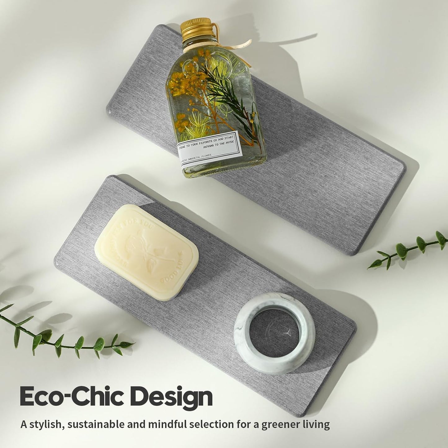 2PCS Water Absorbing Stone Drying Tray for Kitchen Counter & Bathroom Sink, Diatomite Faucet Splash Guard, Soap Dispenser Rack & Sponge Holder Caddy Organizer, Marble White (Printed Pattern), 9"x 3.5"
