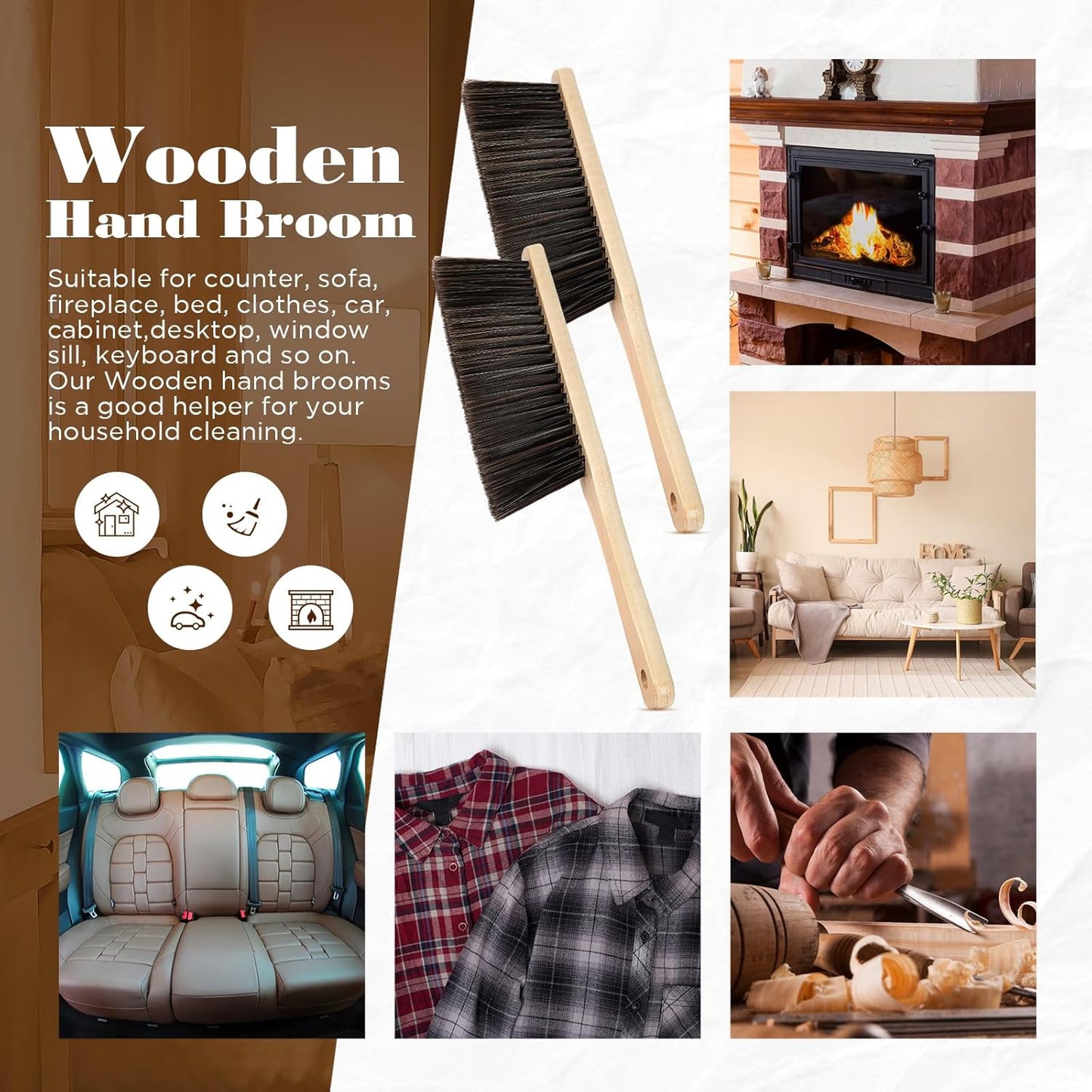 Tioncy 8 Pieces Wooden Dust Brush Bulk Hand Broom Bench Soft Bristle Cleaning Outdoor Furniture Brushes with Long Wood Handle for Cleaning Car Bed Sofa Fireplace Couch Clothes