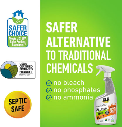 CLR Brands Calcium, Lime & Rust Remover with Cling, 22 oz. Spray Bottle, Adheres to Hard-to-Reach Surfaces, Blasts Calcium, Dissolves Lime Deposits, Zaps Stubborn Rust Stains and Hard Water Deposits