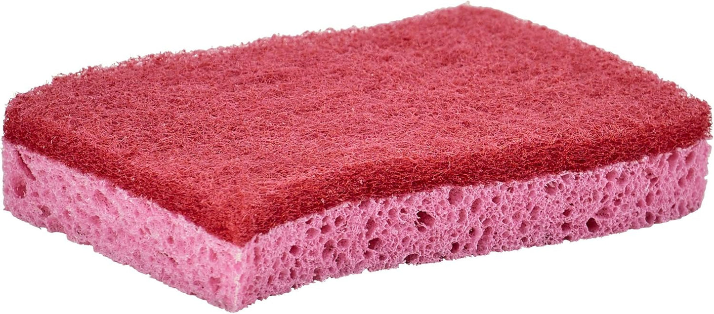 Non-Scratch Cellulose Sponge Kitchen Scrub Sponge with Scouring Pad Set, Good for Non-Stick Cookware Frying Pan, Pot, Counter Top, Sink Scrubbing, Kitchen Scrubbers, Pack of 2, (Red/Pink)