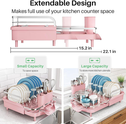 SNTD Dish Drying Rack, Expandable Dish Rack for Kitchen Counter, Stainless Steel Dish Drainer with Drainboard Set and Utensil Holder (Black)