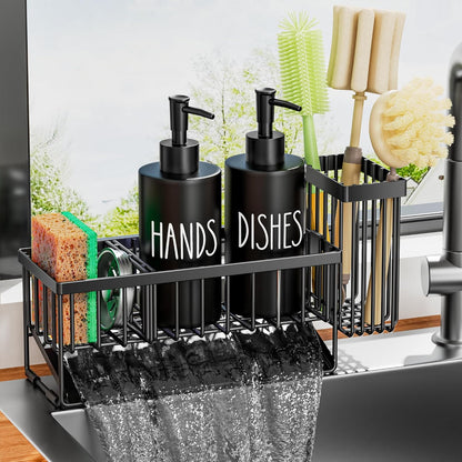 MASADI Kitchen Sink Caddy with Dish Soap Dispenser Set, 12OZ Glass Bottle, Hand and Dish Soap Dispenser Set, Non-Slip Silicone Pad, Brush Holder, Kitchen Sink Organizer Countertop (Black+Clear)