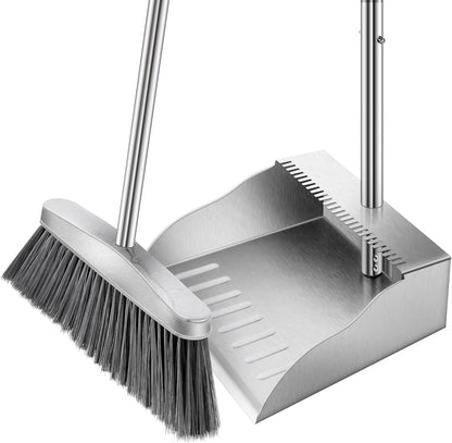 Metal Broom with Dustpan Combo Set-Long Handle Broom with Dustpan,Heavy Duty Standing Dust Pan & Soft Bristles Brooms,Indoor Outdoor Dust Pan Brooms for Home Office Lobby Floor