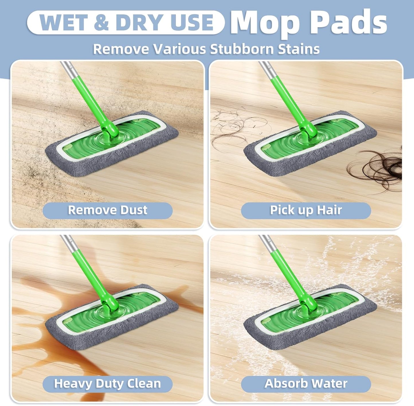 Reusable Mop Pads Compatible with Swiffer Sweeper Mop, Microfiber Dry Sweeping Cloths & Machine Washable Wet Pads Refill for Use on All Sealed Floors - Stone, Hardwood, Laminate & Tile (6 Blue)