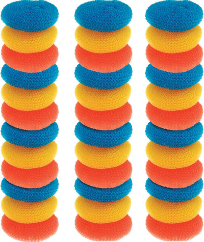 LOLA Plastic Mesh Scouring Pads - 3 Pack, 3.375" x 1.25", Non-Scratch Dish Scrubbers to Clean Dishes, Assorted Colors - Red, Blue & Yellow