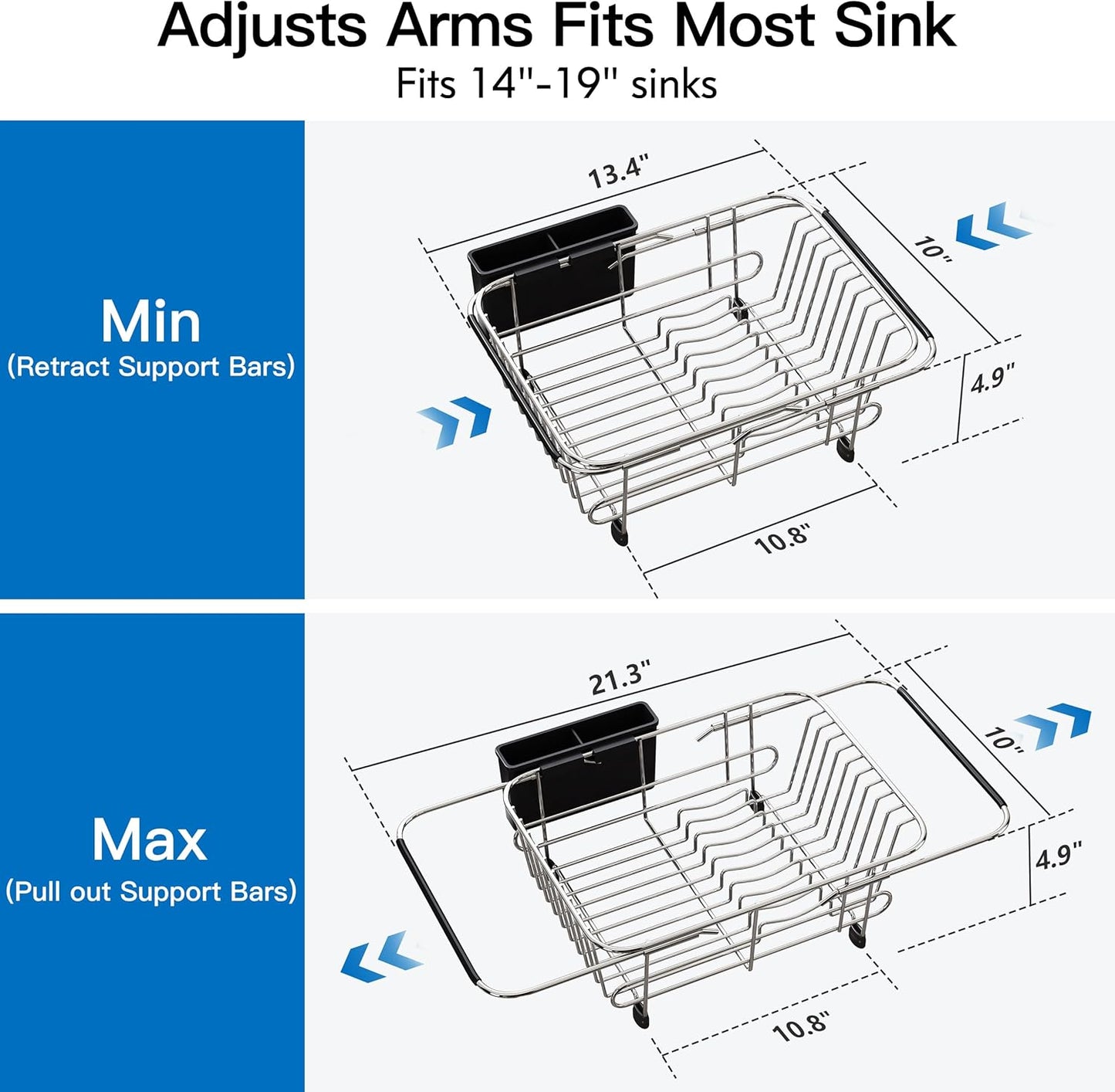 JASIWAY Dish Drying Rack in Sink, Expandable Stainless Steel Dish Drainers for Kitchen Counter, Dish Dryer Rack for Inside Sink, Over The Sink Dish Racks with Utensil Holder, Silver