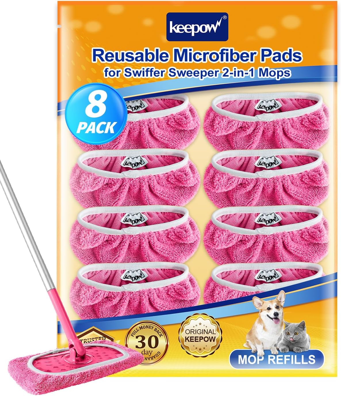 KEEPOW Reusable Mop Pads Compatible with Swiffer Sweeper Mop, Dry Sweeping Cloths for Swiffer Pads, 8 Pack Washable Microfiber Wet Mopping Cloth Refills for Surface/Hardwood Floor Cleaning
