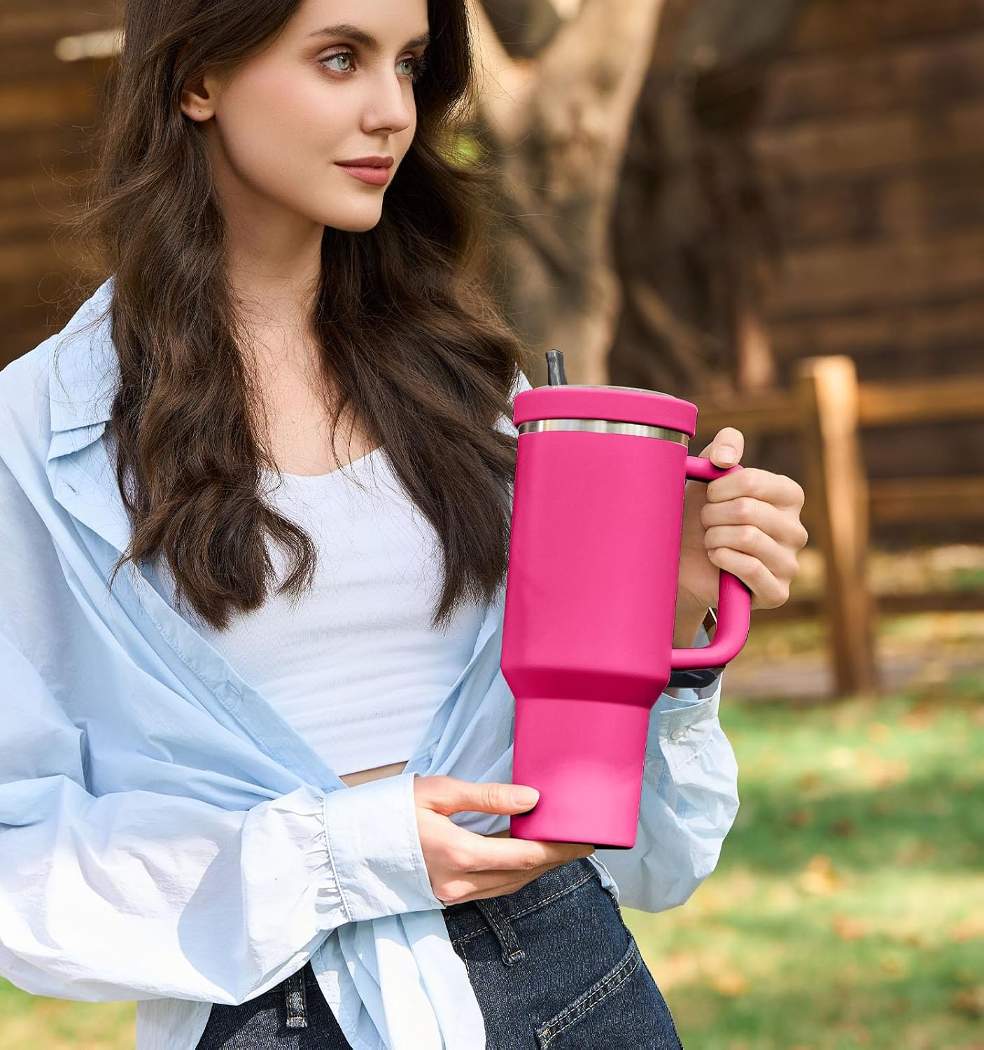 40 Oz Tumbler Flip Straw Lid Compatible with Stanley Quencher Cup, Anti Spill Replacement Cup Covers, Durable Silicone Leak Proof Lids with Cleaning Brush Set for Travel Storage