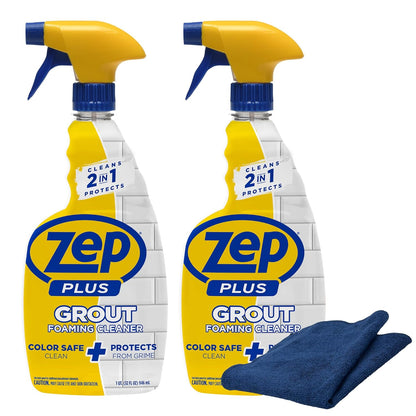 Zep Plus Foaming Grout Cleaner 32 oz – (2 Units) and a Blue Microfiber Rag ECBD023 - Color-Safe Tile and Grout Cleaners for Ceramic, Porcelain and Stone