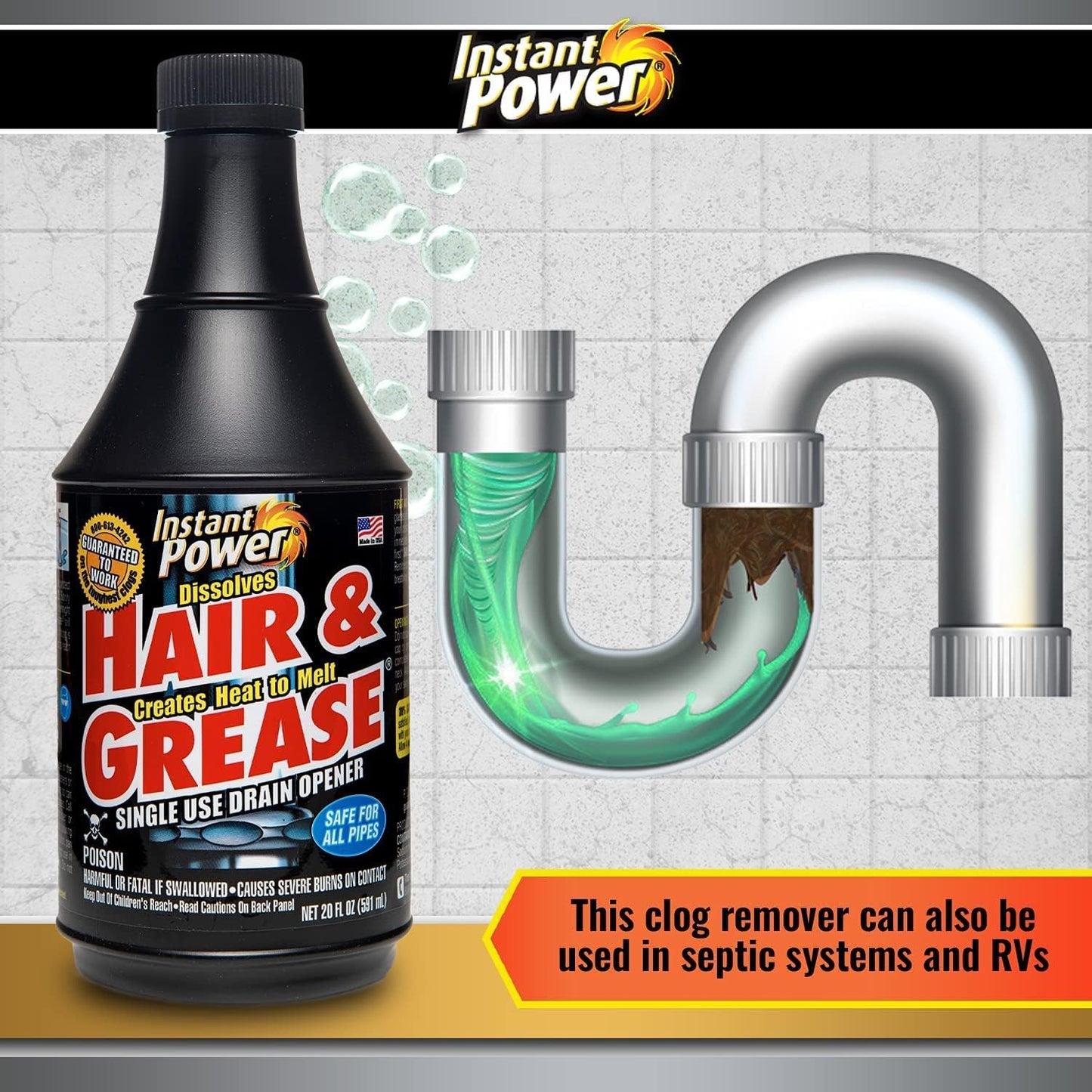 Instant Power Hair and Grease Drain Cleaner - Shower Drain & Sink Cleaner, Liquid Clog Remover, Made in USA, Sink Deodorizer - 1 Liter (Pack of 2)