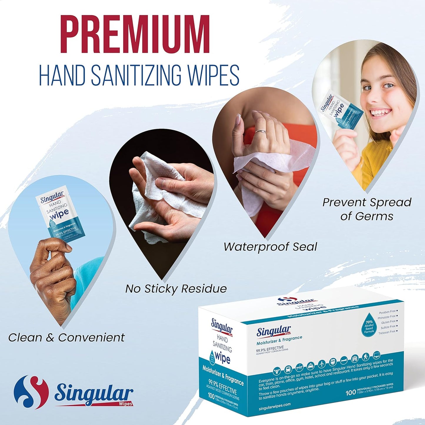 Hand Sanitizing Wipes Travel Size by Singular Wipes – 24ct Individually Wrapped | Fresh Citrus Scent, Moisturizing, 70% Alcohol Wipes | Travel, Office, School, Home | Made in USA