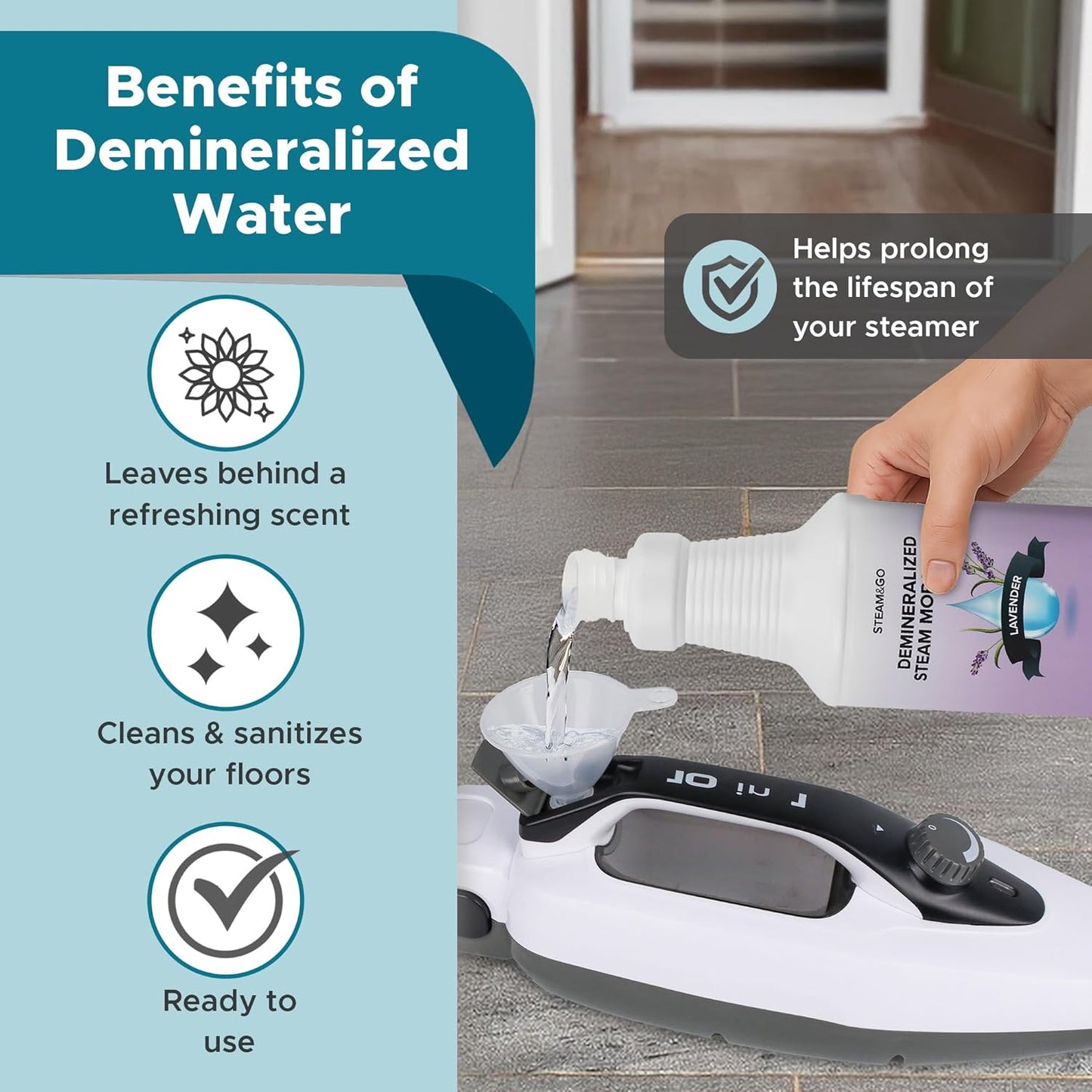 Steam & Go Demineralized Water for Steam Cleaner - PVC-Free Floor Cleaning Solution Compatible for All Steam Mops - Multi-Surface Cleaner for Home Surfaces - Lavender Scent, 32 oz