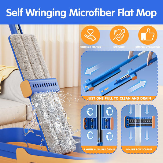 Self Wringing Microfiber Flat Mop and Bucket System with 16.5" Large Head and 55" Long Handle for Floor Wall Cleaning, 5 Microfiber Pads and Foldable Bucket, Wet and Dry