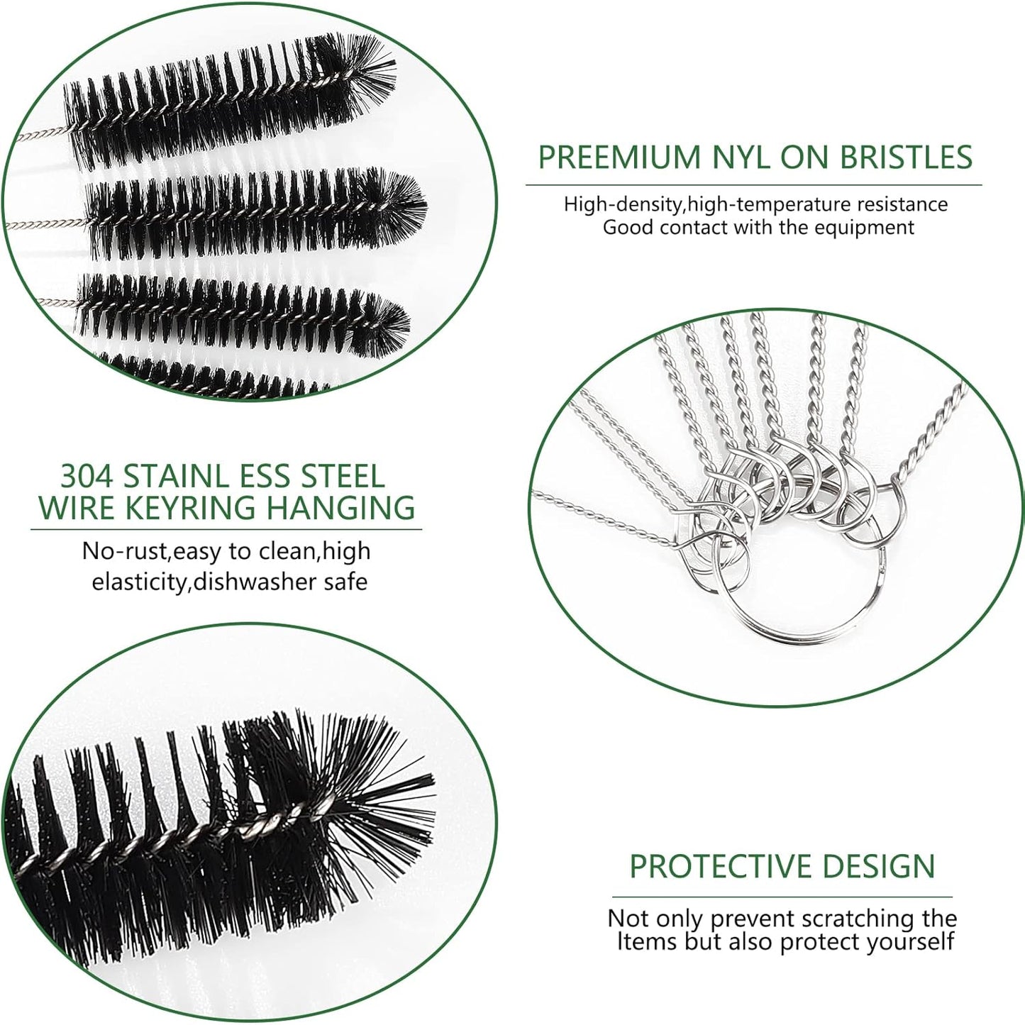 CiaraQ Bottle Cleaning Brushes, 8 Inch Nylon Tube Brush Set, Cleaner for Narrow Neck Bottles Cups with Hook, Set of 10pcs