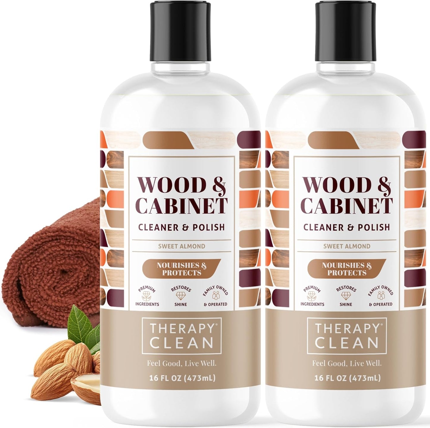Therapy Wood Polish Bundle with Microfiber 16 oz. - Wood Furniture Polish, Best Furniture Cleaner - Almond Scent - Cleaner, Cabinet and Table Restorer, Natural Conditioner