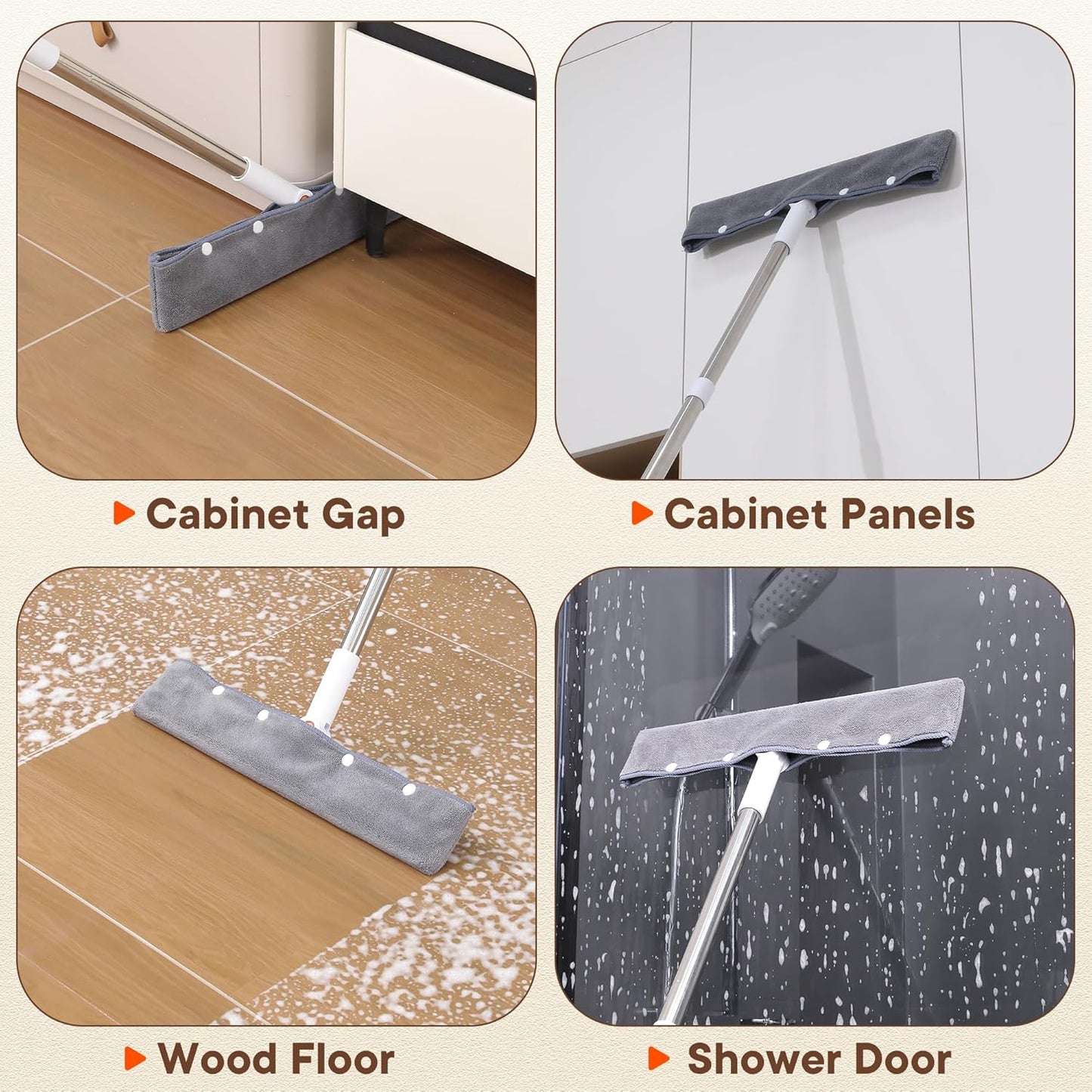 Floor Squeegee with Long Handle, 180° Rotating Silicone Broom for Concrete & Tile Floors, Squeegee for Water Removal on Garage, Bathroom and Deck, Adjustable 35–62 in Handle, 2 Pads
