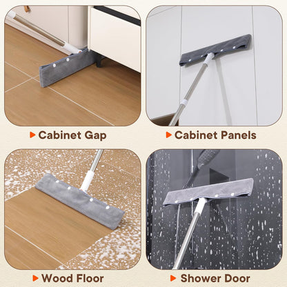Floor Squeegee with Long Handle, 180° Rotating Silicone Broom for Concrete & Tile Floors, Squeegee for Water Removal on Garage, Bathroom and Deck, Adjustable 35–62 in Handle, 2 Pads