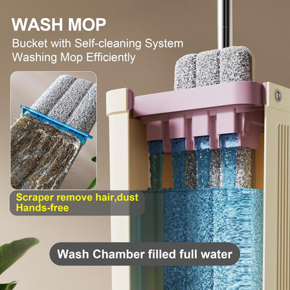 JOYMOOP Mop and Bucket Set, Flat Mops for Floor & Wall Cleaning, Commercial & Household Use, Hardwood Floor Mop with Long Handle & 4 Microfiber Pads