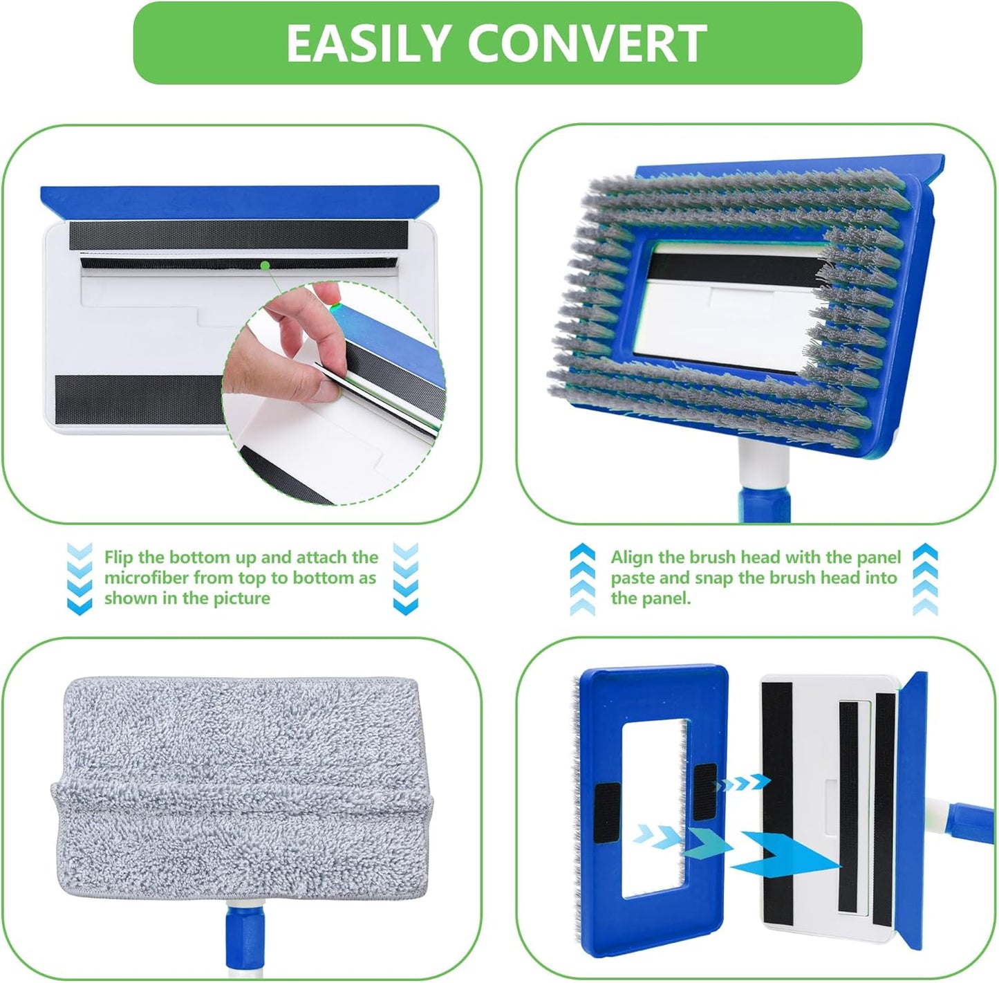 Baseboard Cleaner Tool with Long Handle,Wall Cleaner Mop with Extendable Handle 1 Stiff Bristles mop Head and 4 Reusable Cleaning Pads，Duster for Cleaning Tile Ceiling Window Skirting Board (Blue)
