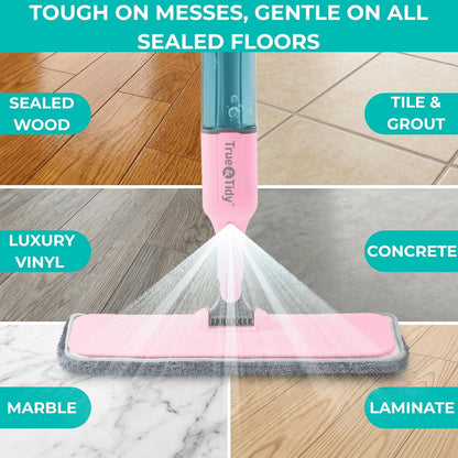 True & Tidy® SPRAY-250 Multi-Surface Spray Mop with 490ml Refillable Water Bottle for Floor Cleaning, Works on Wood, Tile, Marble etc, Use Any Cleaning Solution, Machine Washable Microfiber Mop Pads