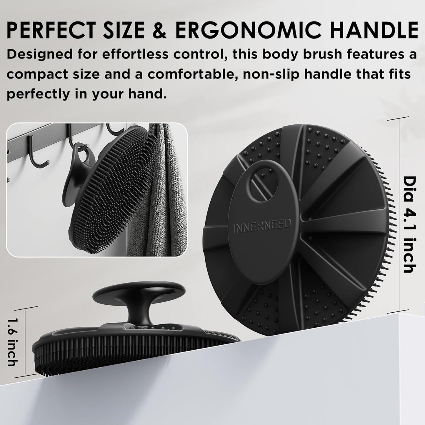 INNERNEED Food-Grade Soft Silicone Body Scrubber Shower Brush Handheld Cleansing Skin Brush, Gentle Exfoliating and Lather Well (Black)