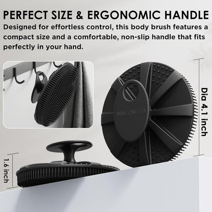 INNERNEED Food-Grade Soft Silicone Body Scrubber Shower Brush Handheld Cleansing Skin Brush, Gentle Exfoliating and Lather Well (Black)