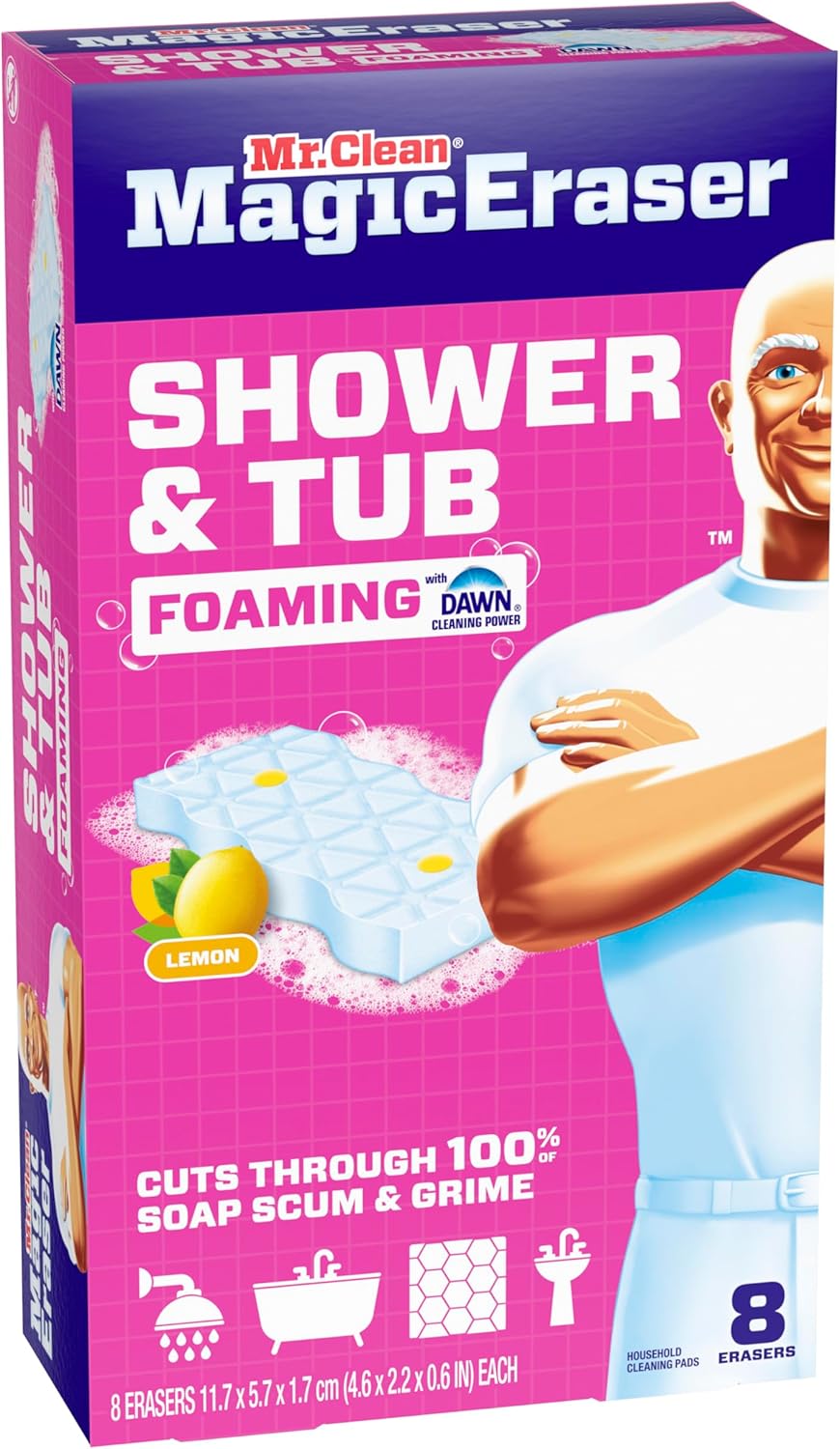 Mr. Clean Magic Eraser Sponge, Bathroom, Shower, Tub Cleaner, Soap Scum Remover, Bathroom Cleaning Supplies, Dawn Cleaning Power with Lemon Scent, Shower & Tub, 6ct