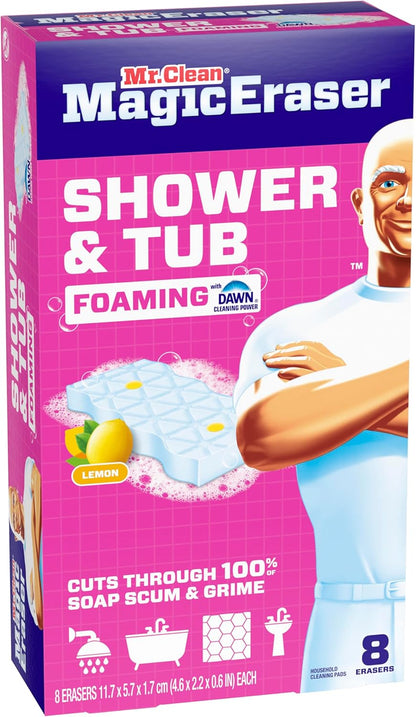 Mr. Clean Magic Eraser Sponge, Bathroom, Shower, Tub Cleaner, Soap Scum Remover, Bathroom Cleaning Supplies, Dawn Cleaning Power with Lemon Scent, Shower & Tub, 6ct