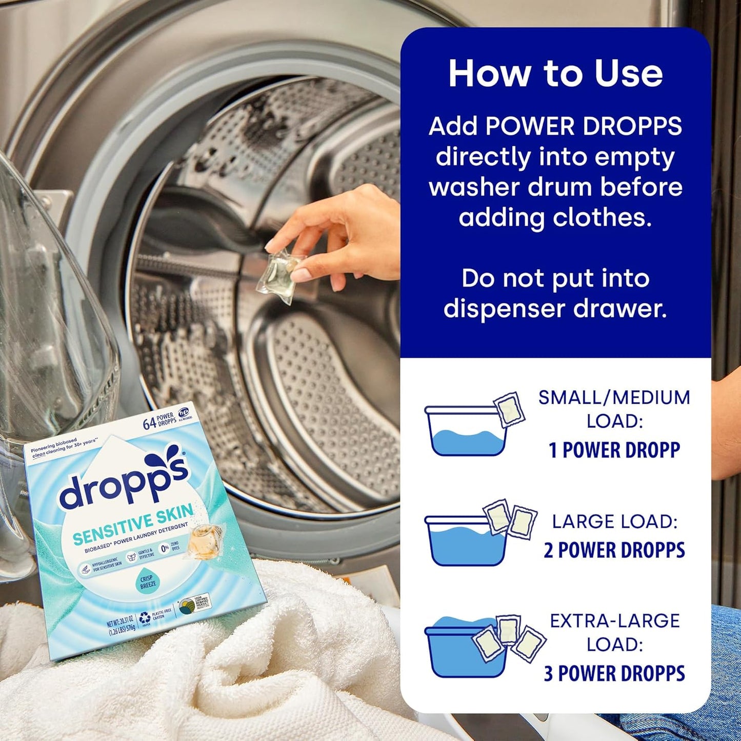 Dropps Sensitive Skin Laundry Detergent Pods, Unscented (36 Ct) - Hypoallergenic & Dermatologist Tested | Free & Clear | Laundry Pods for Sensitive Skin | Clean Ingredients | Plastic Free Packaging