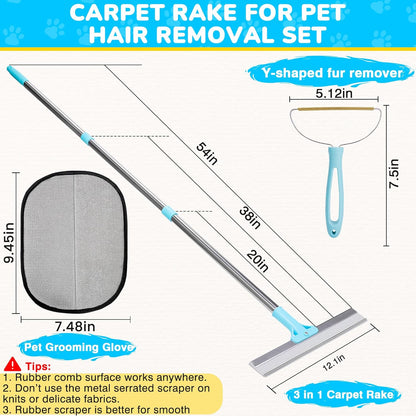 vorona Carpet Rake for Pet Hair Removal, 3 in 1 Pet Hair Removal Broom Tool with 54" Adjustable Long Handle, Reusable Dog & Cat Carpet Scraper,Pet Hair Remover for Rugs, Mats, Curtains, Couch