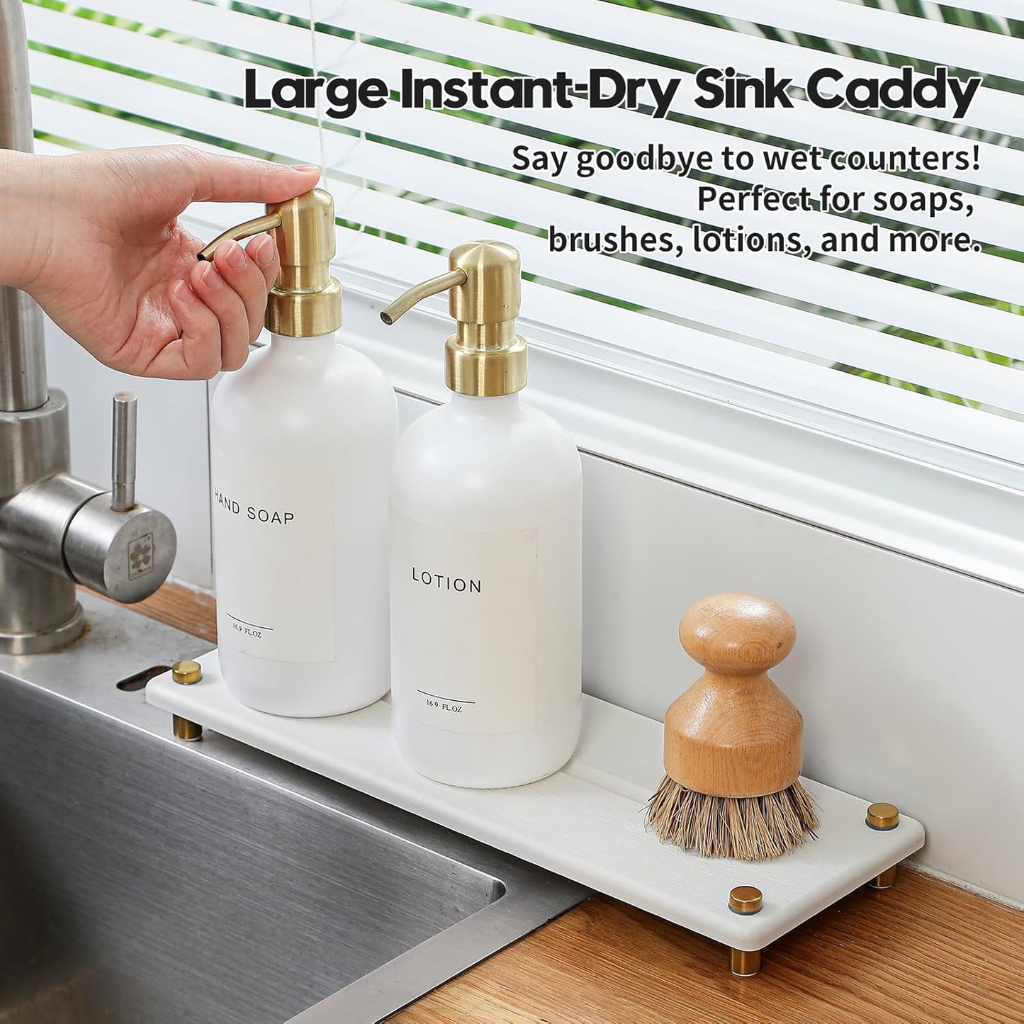 Razborci Water Absorbing Stone Sink Caddy, Diatomite Kitchen Sink Organizer, Bathroom Counter Tray, Faucet Drying Mat Coaster Soap Dish Rack Riser Dispenser Sponge Holder, Silver, White 10" x 4"