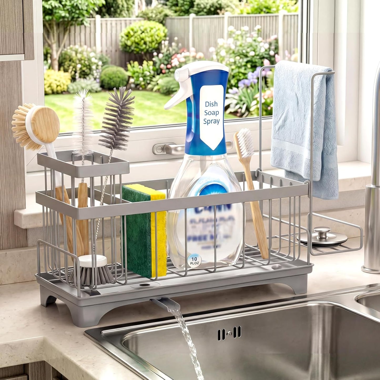 VOOWO Sponge Holder for Kitchen Sink, Compact Sink Caddy with Detachable Brush Holder and Towel Rack, Stainless Steel Kitchen Sink Organizer for Dish Sponge, Soap Dispenser Storage Accessories (White)